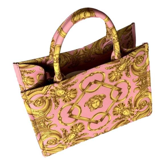 NEW VERSACE women's pastel signature print small canvas tote bag in pink